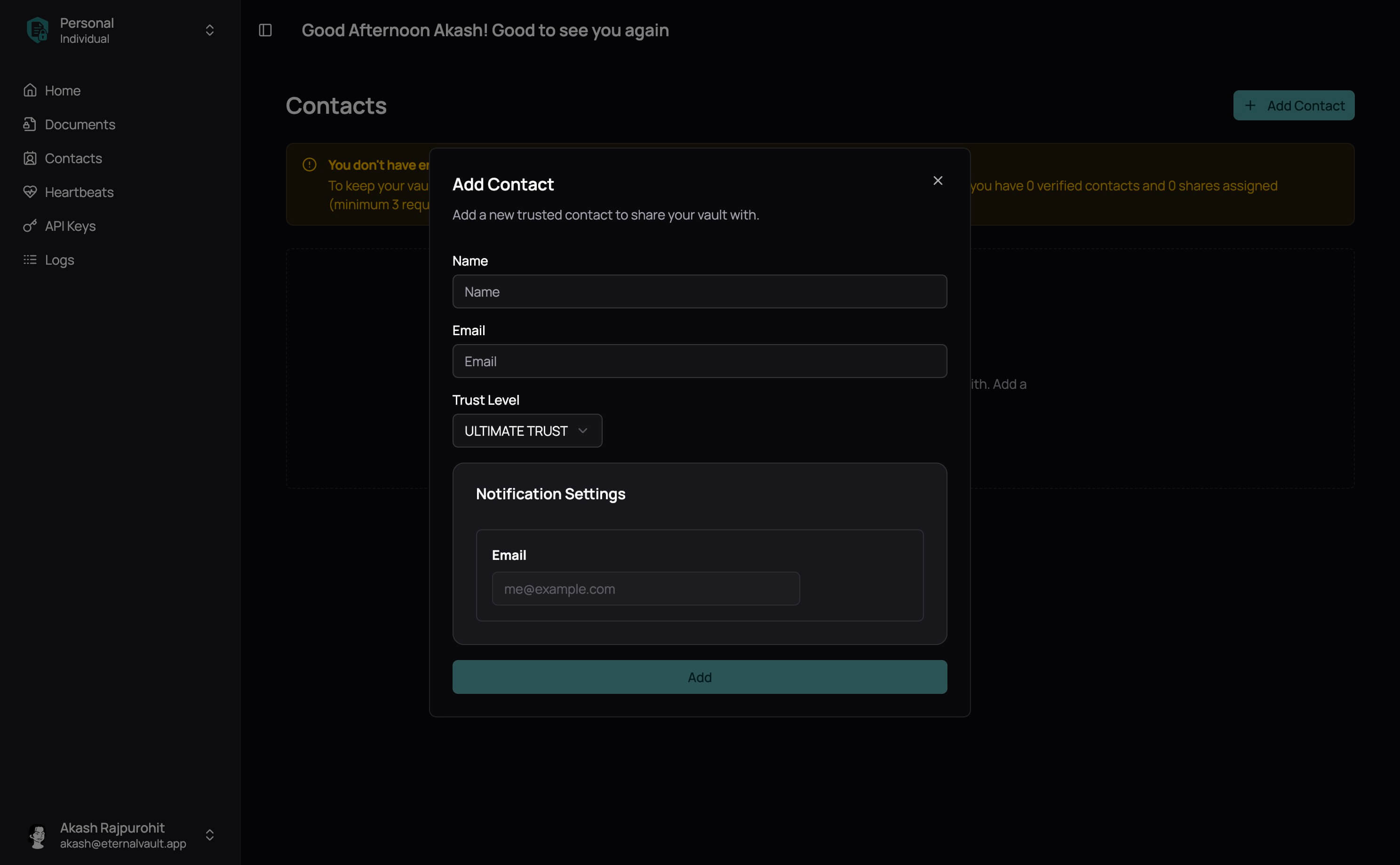 Add Contact Modal - Dark Mode