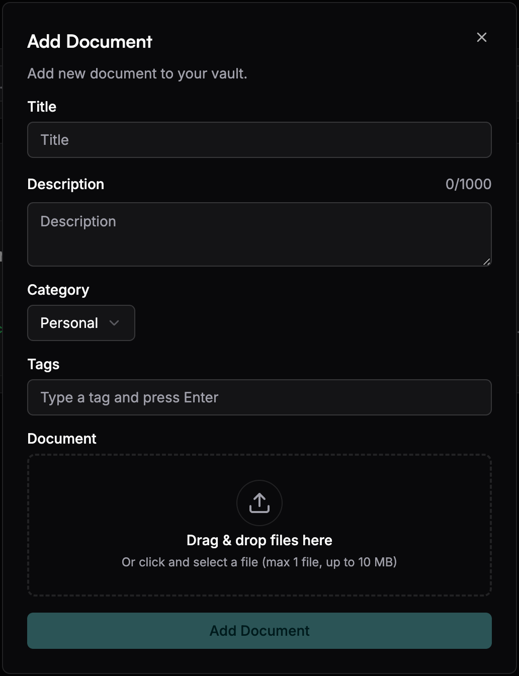 Add Document Modal - Dark Mode
