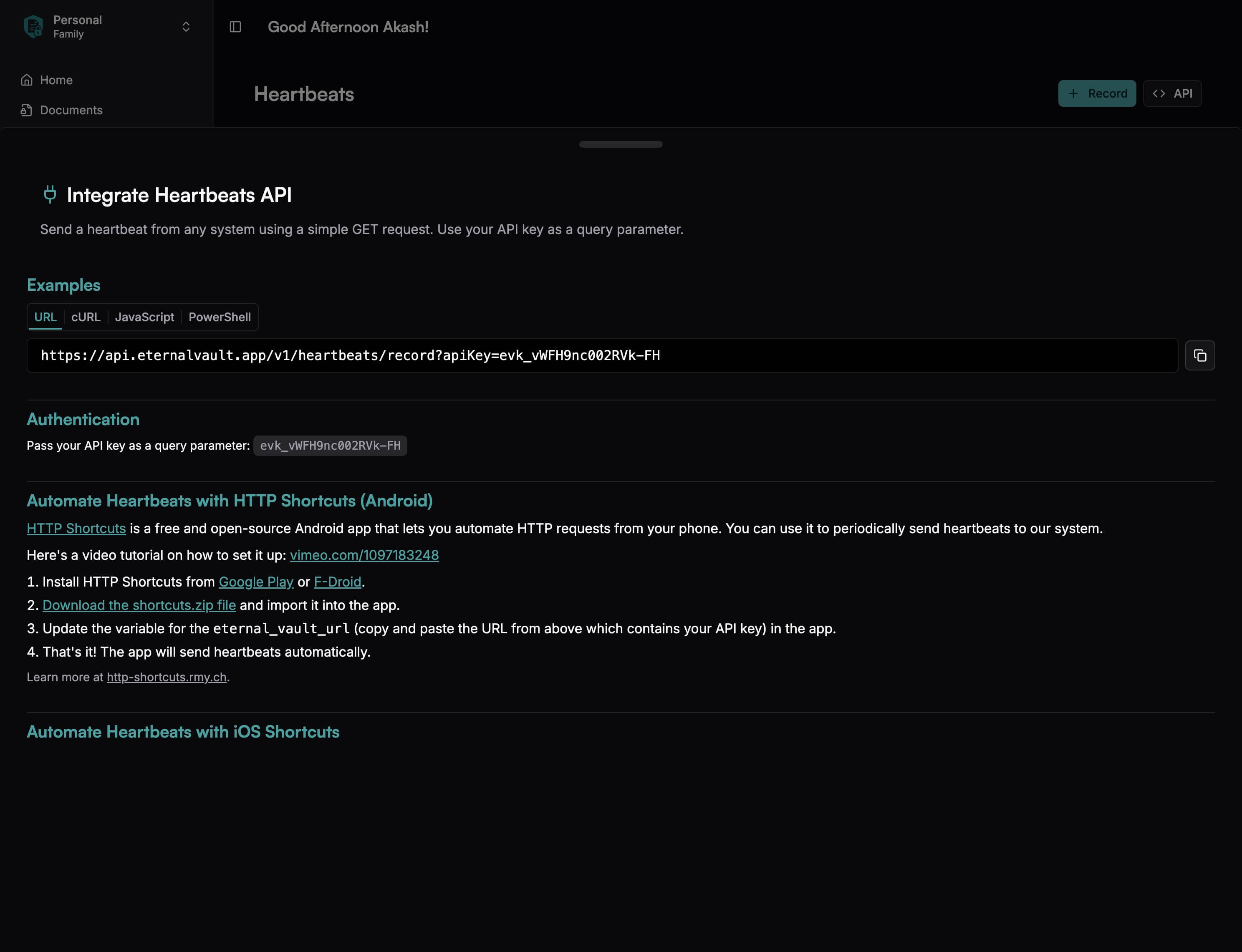Heartbeats API Drawer - Dark Mode