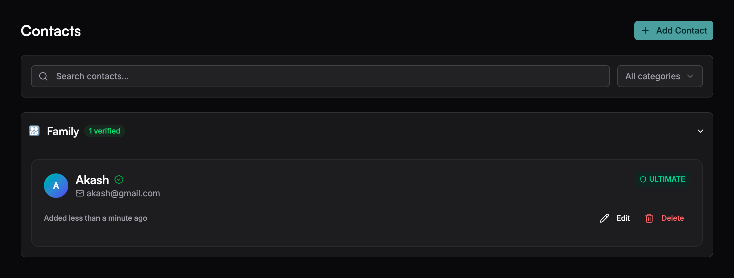 Contacts Page Overview - Dark Mode