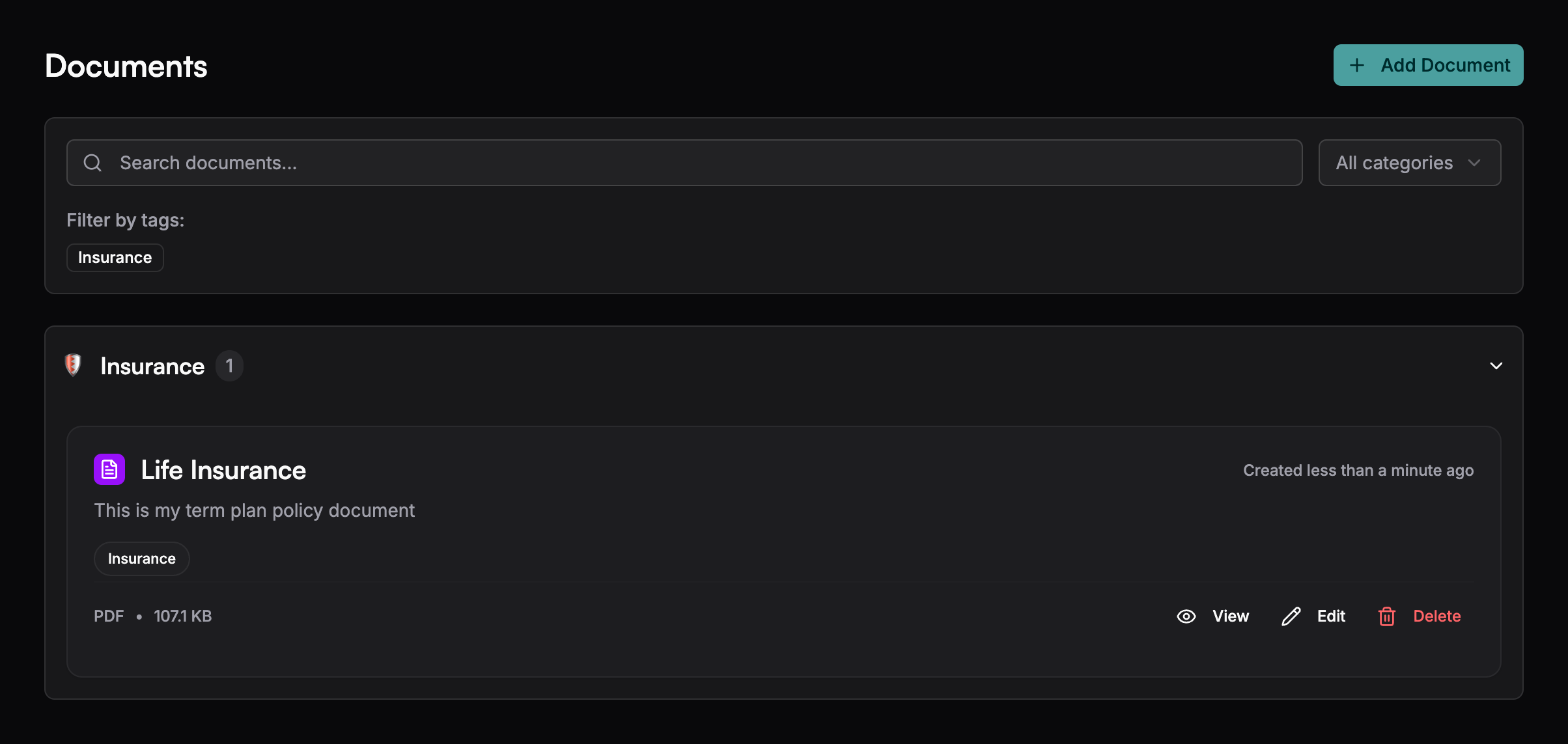 Documents Page Overview - Dark Mode