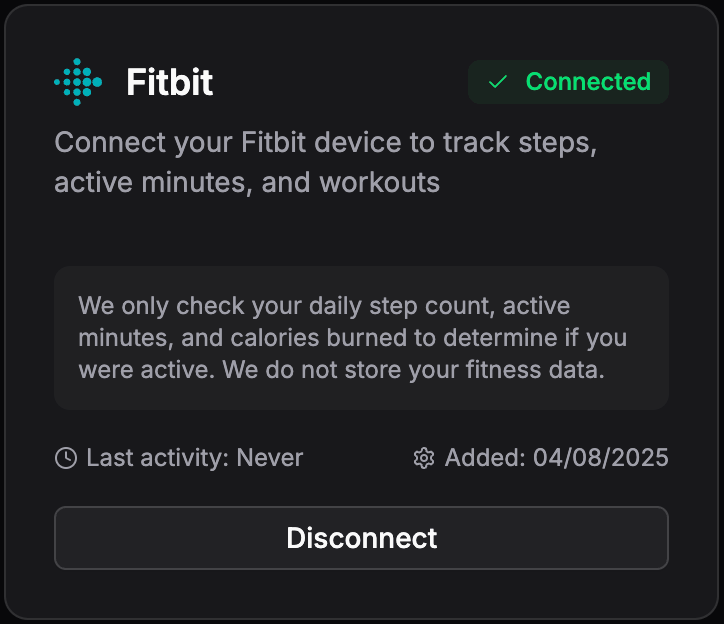 Connected Fitness Integrations Status - Dark Mode
