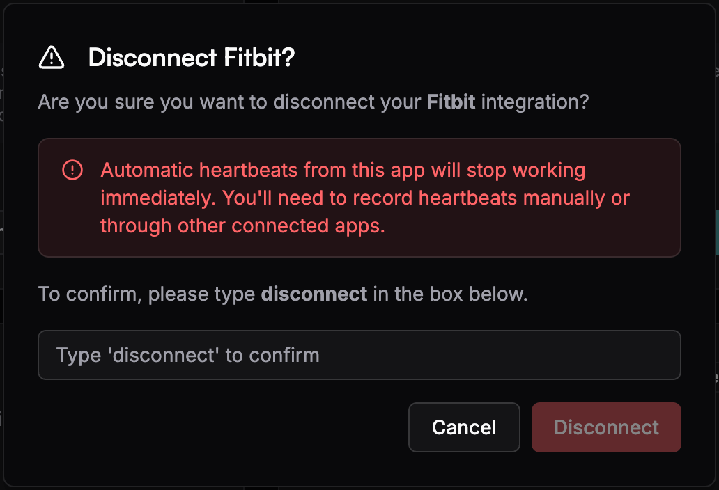 Disconnect Fitness Integration Dialog - Dark Mode