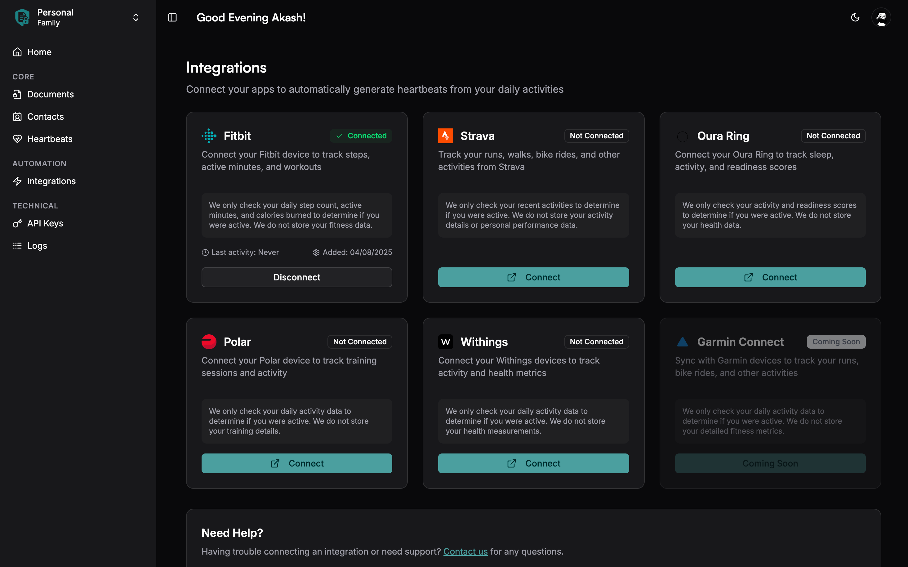 Integrations Page Overview - Dark Mode