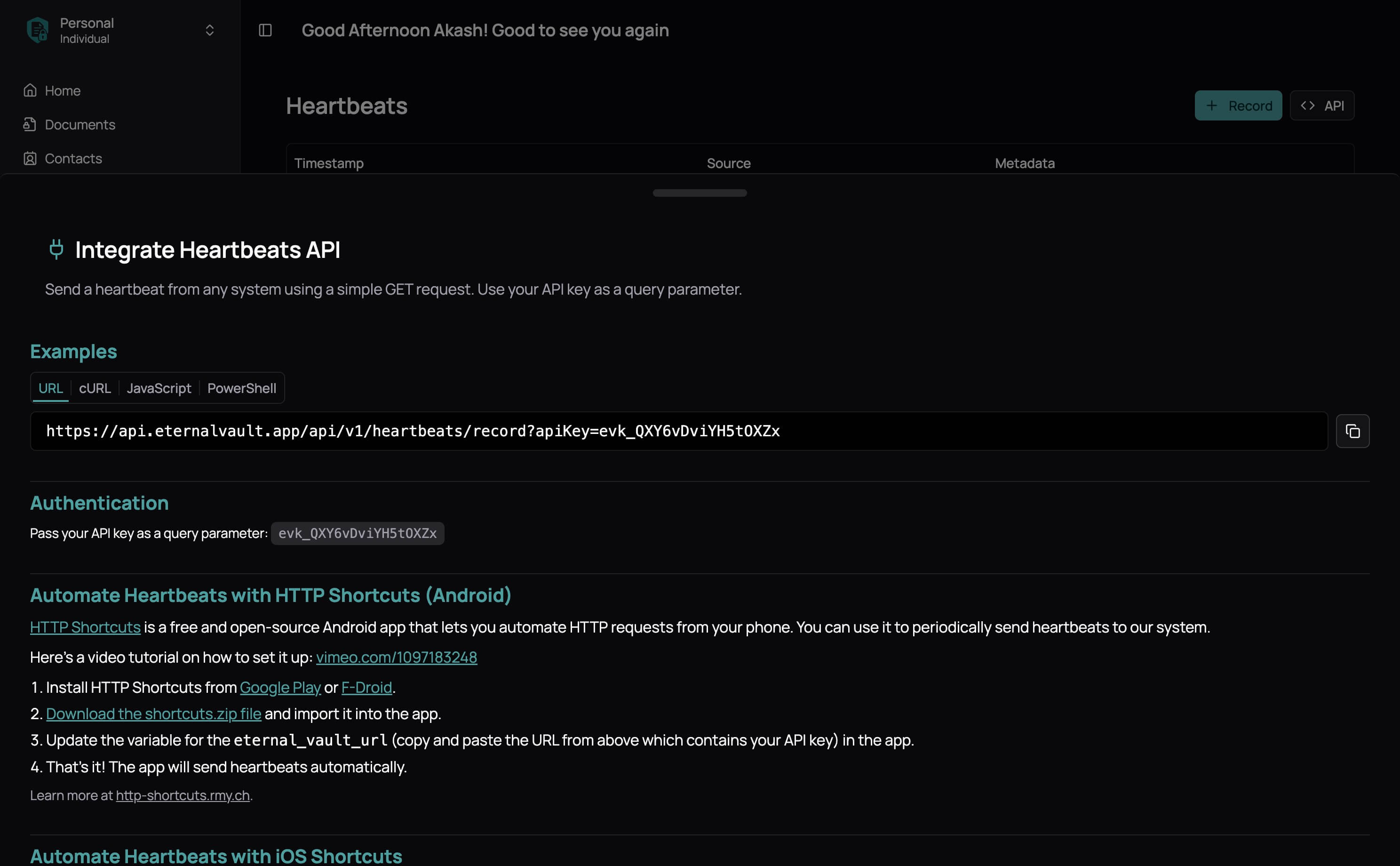 Heartbeats API Drawer - Dark Mode