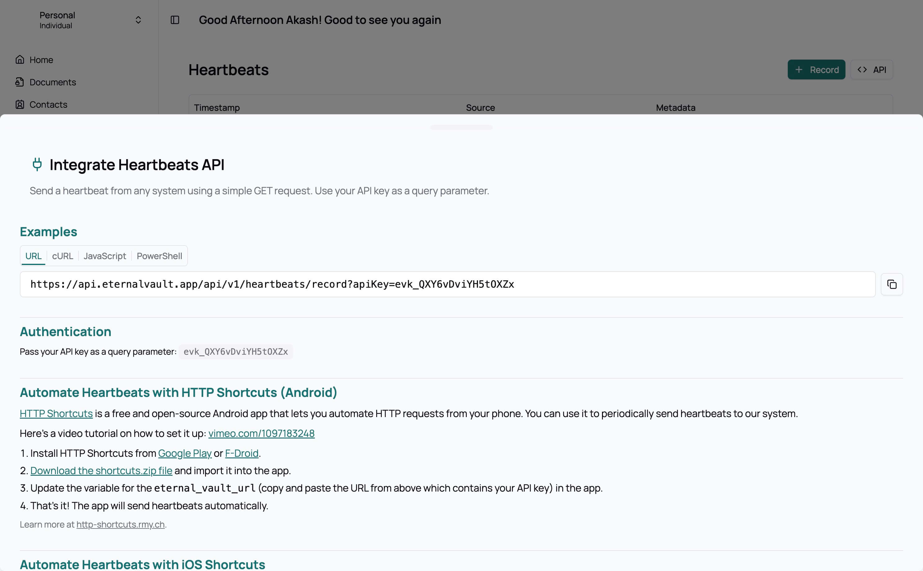 Heartbeats API Drawer - Light Mode