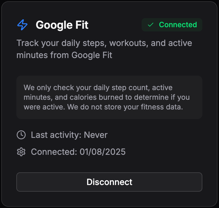 Connected Integrations Status - Dark Mode