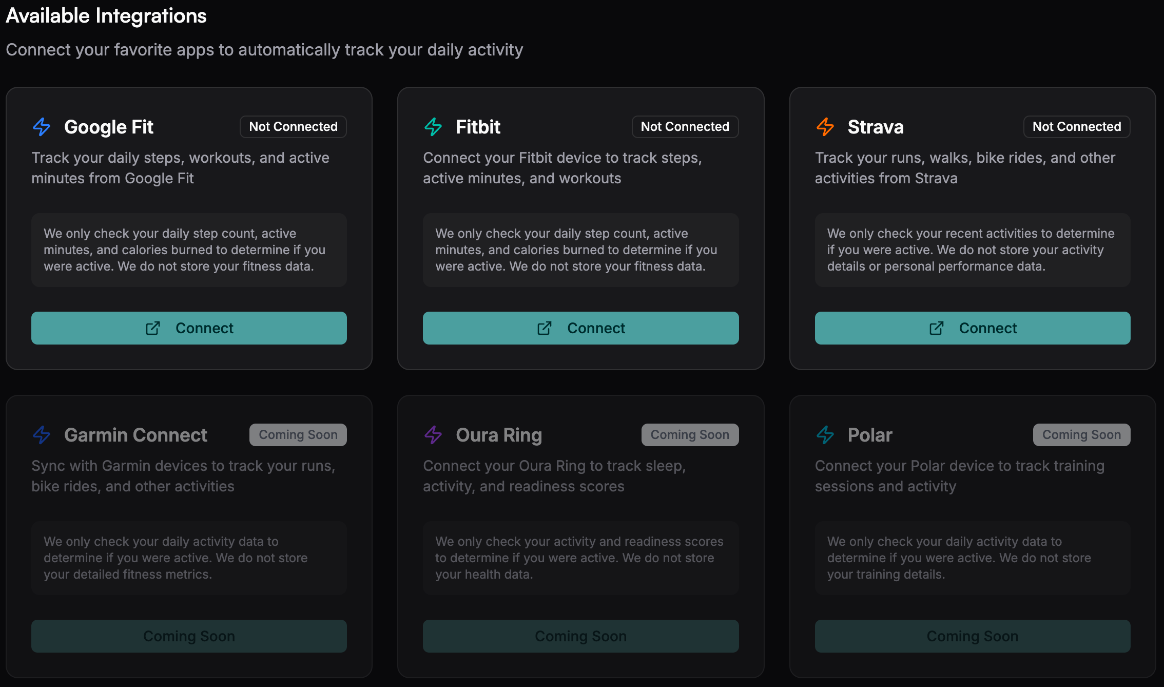 Available Integrations Gallery - Dark Mode