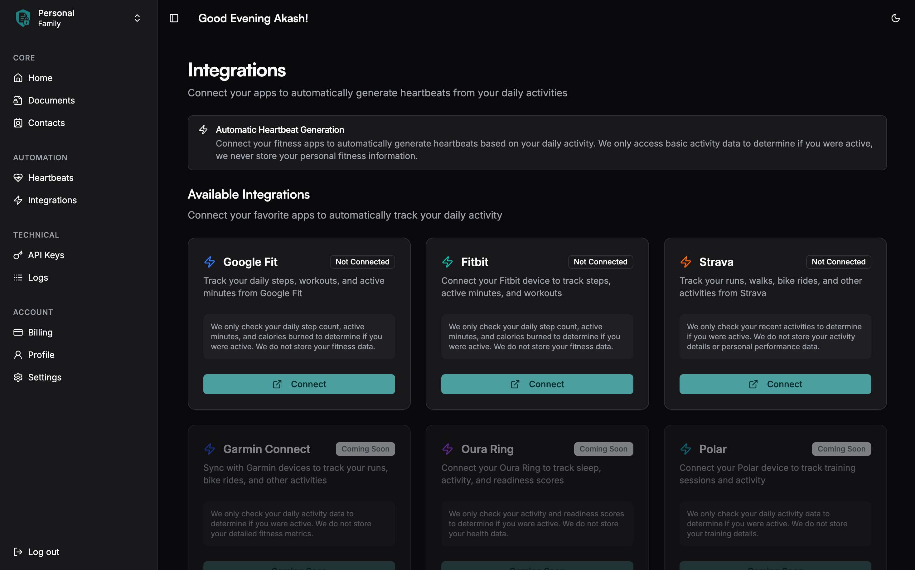 Integrations Page Overview - Dark Mode