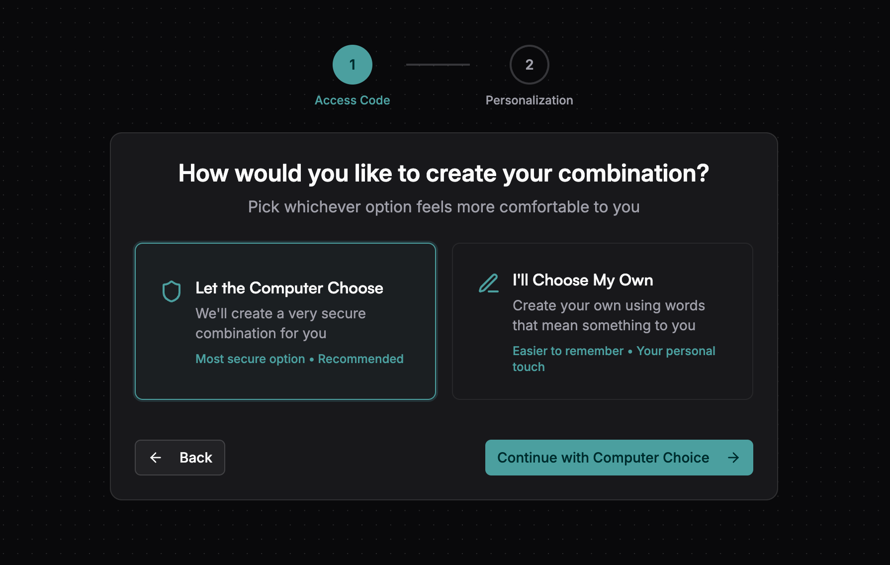 Onboarding - Choose Access Code Option