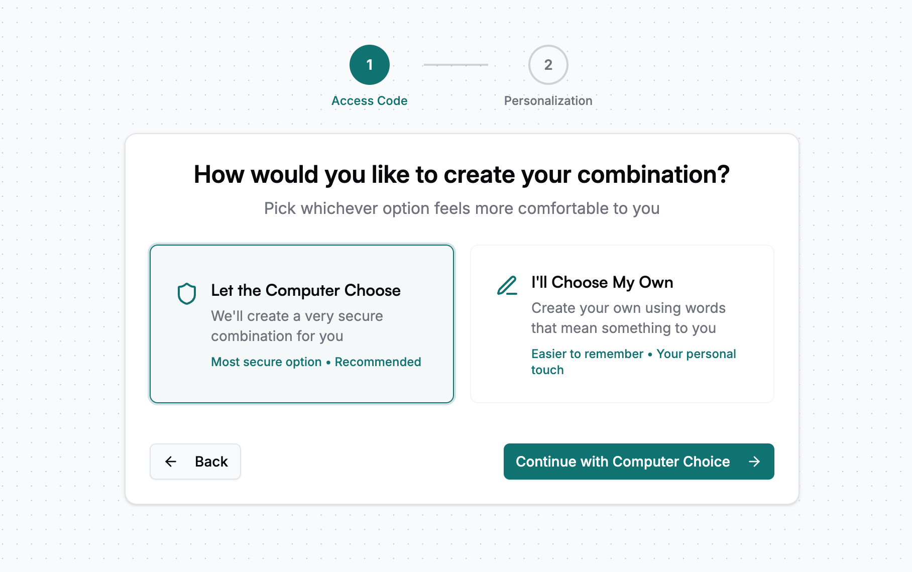 Onboarding - Choose Access Code Option
