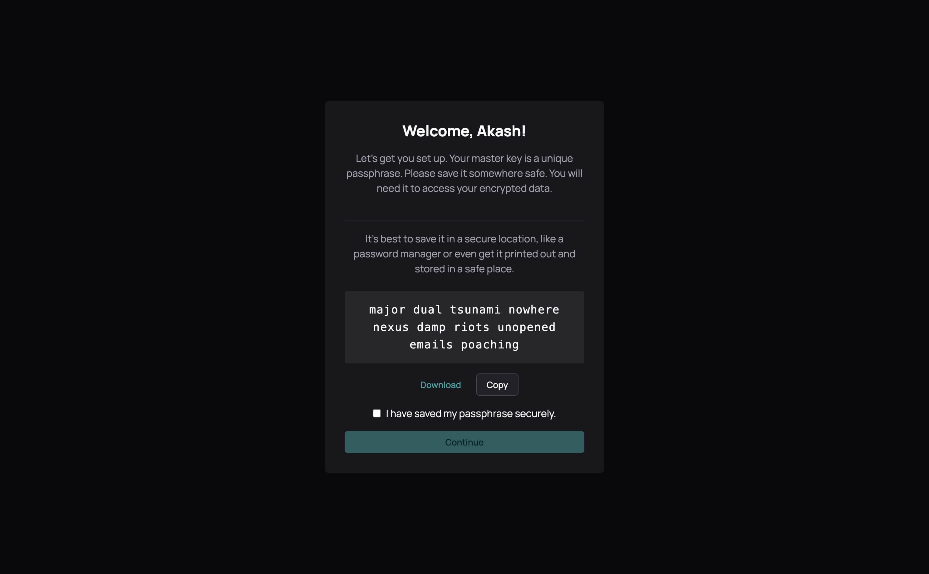 Onboarding - Create Master Passphrase