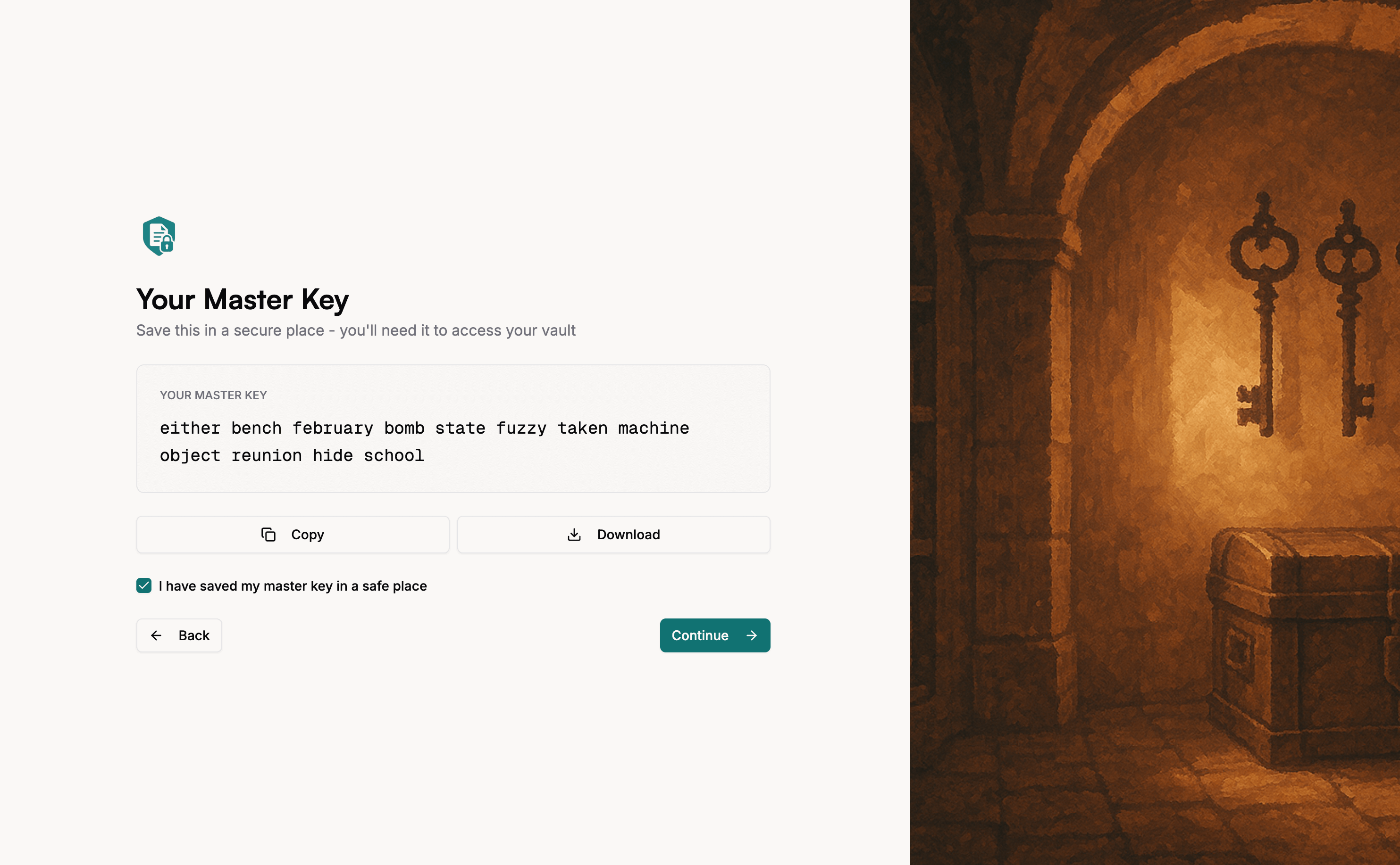 Onboarding - Master Key Display with Save Options