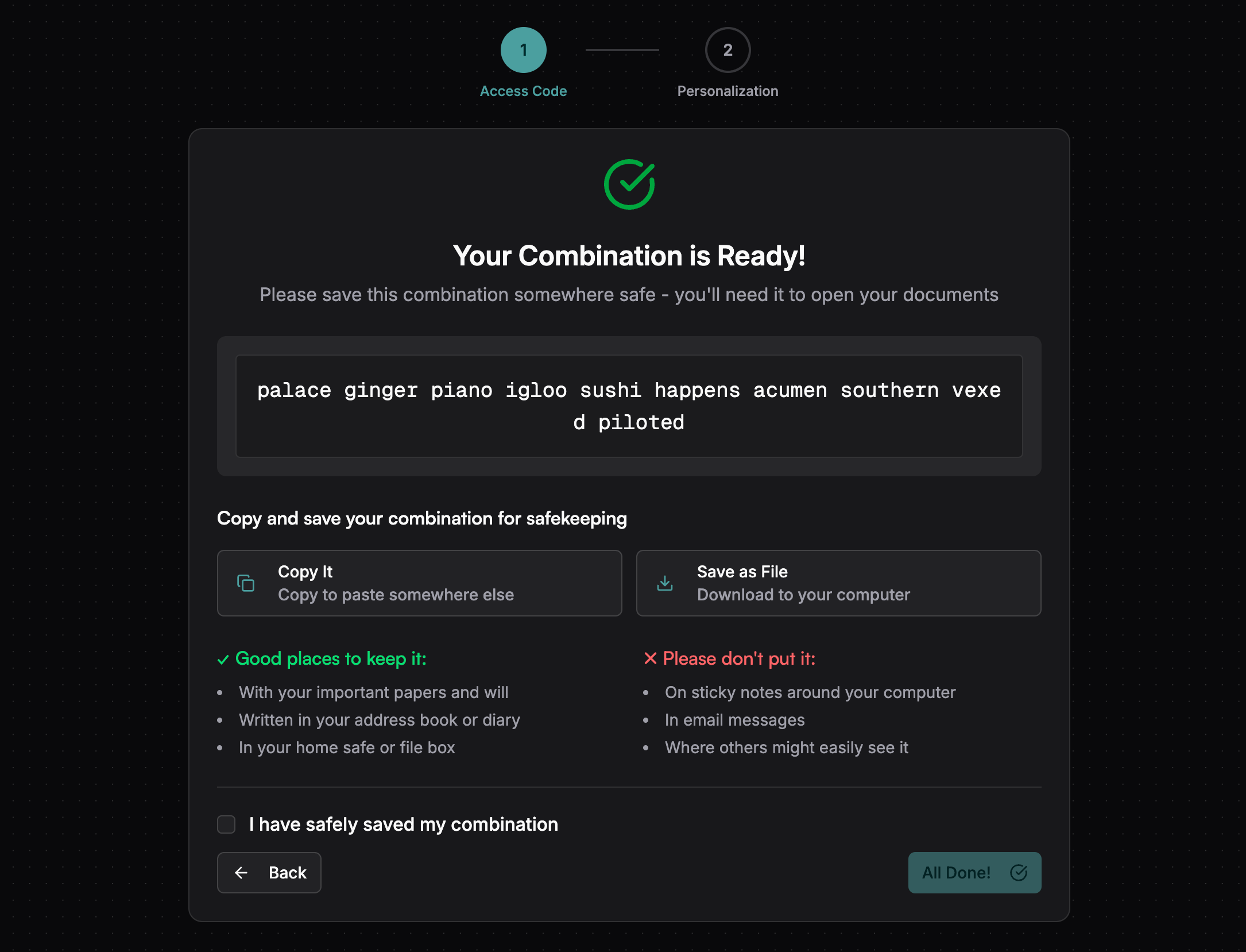 Onboarding - Access Code Display with Save Options