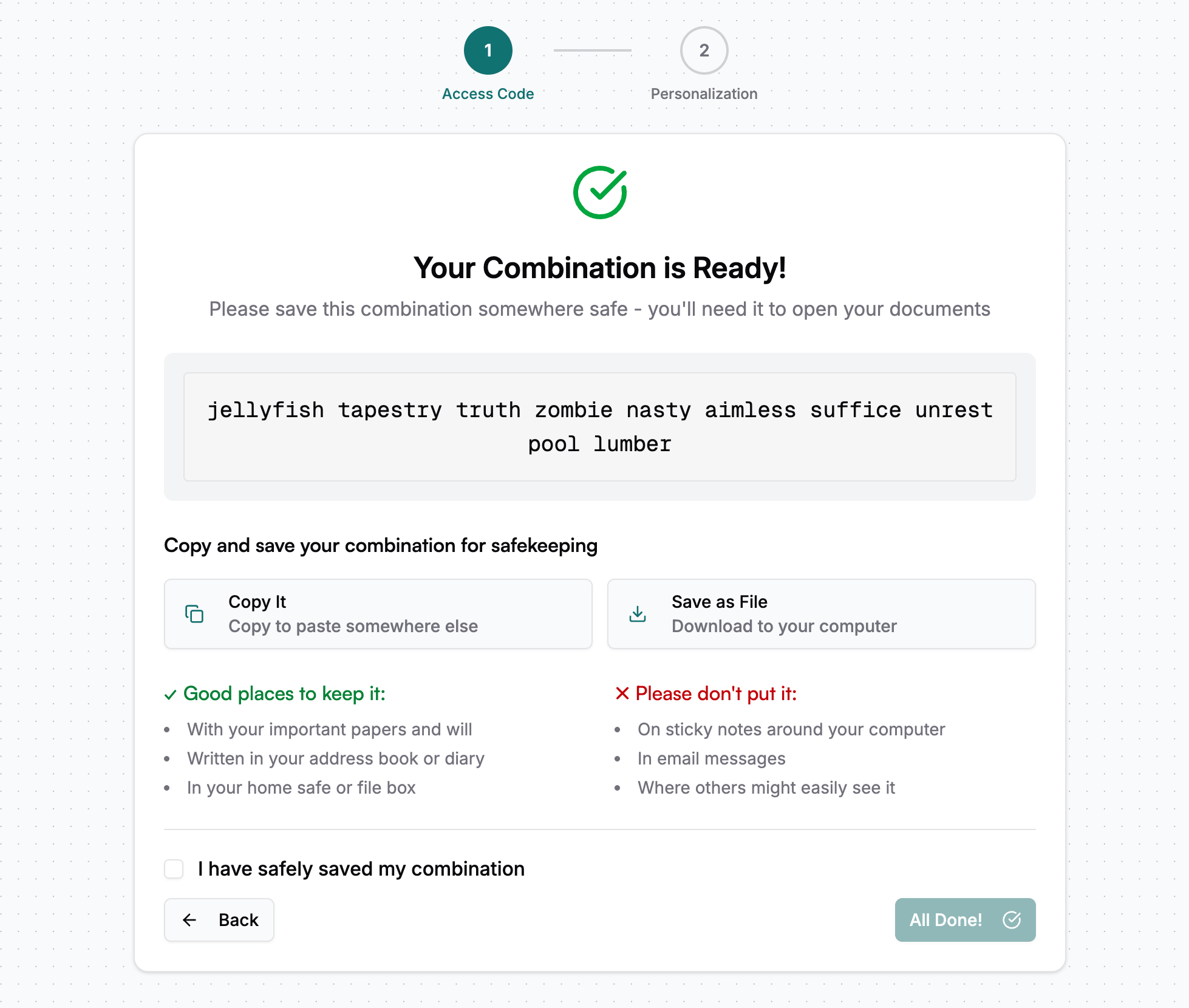 Onboarding - Access Code Display with Save Options