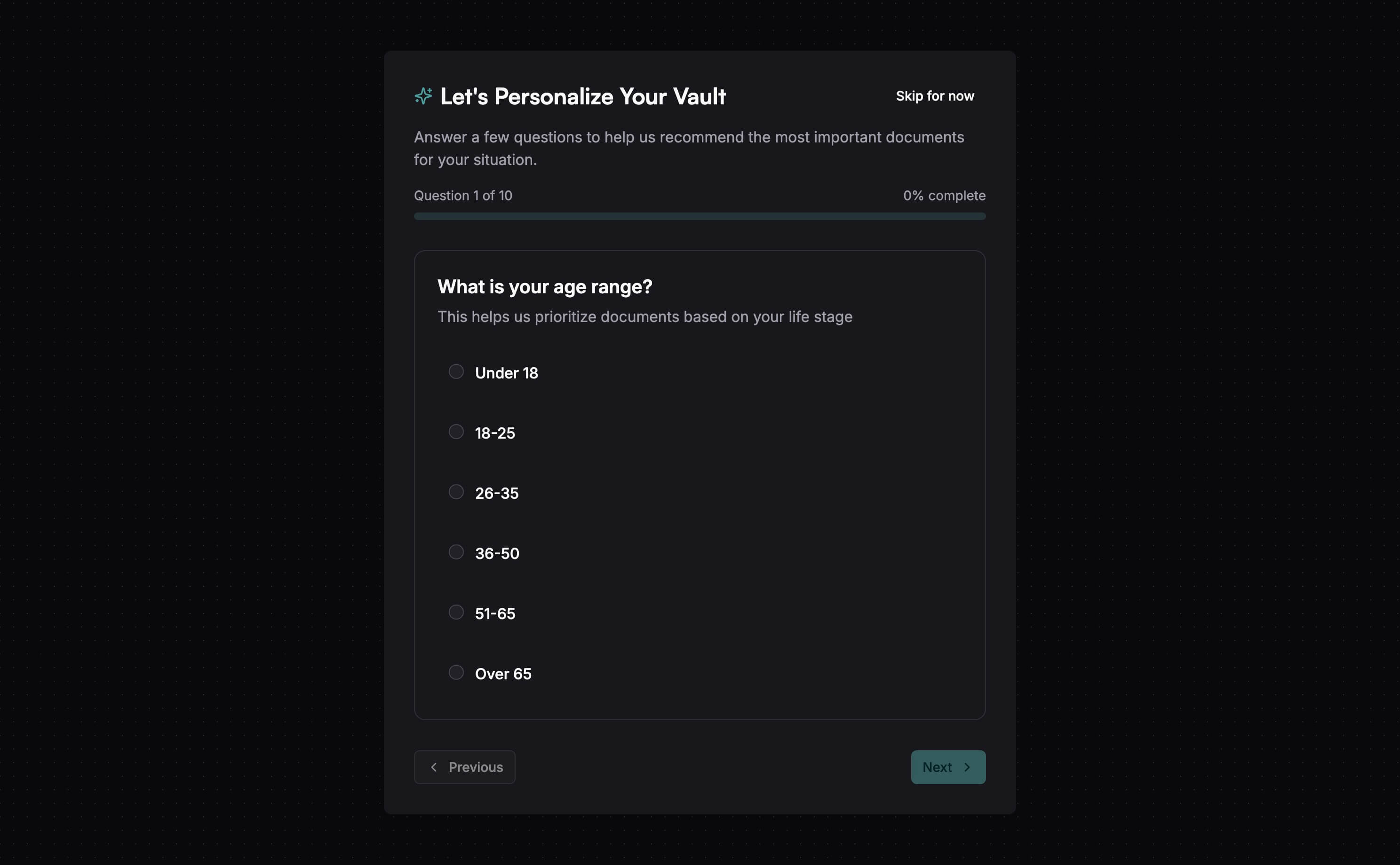 Personalization Questionnaire - Dark Mode