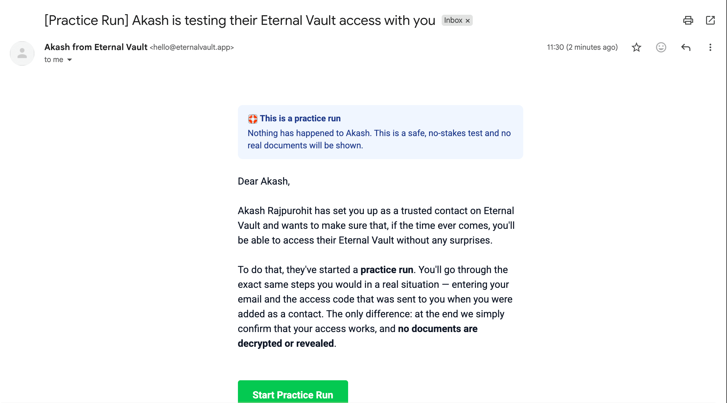 The practice-run email a trusted contact receives, clearly marked as a drill