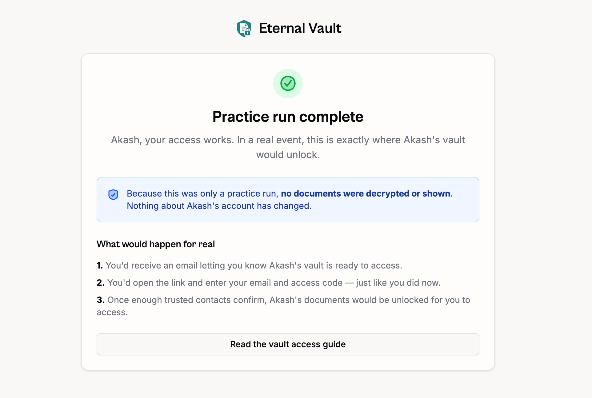 The Practice run complete confirmation screen, with no documents shown